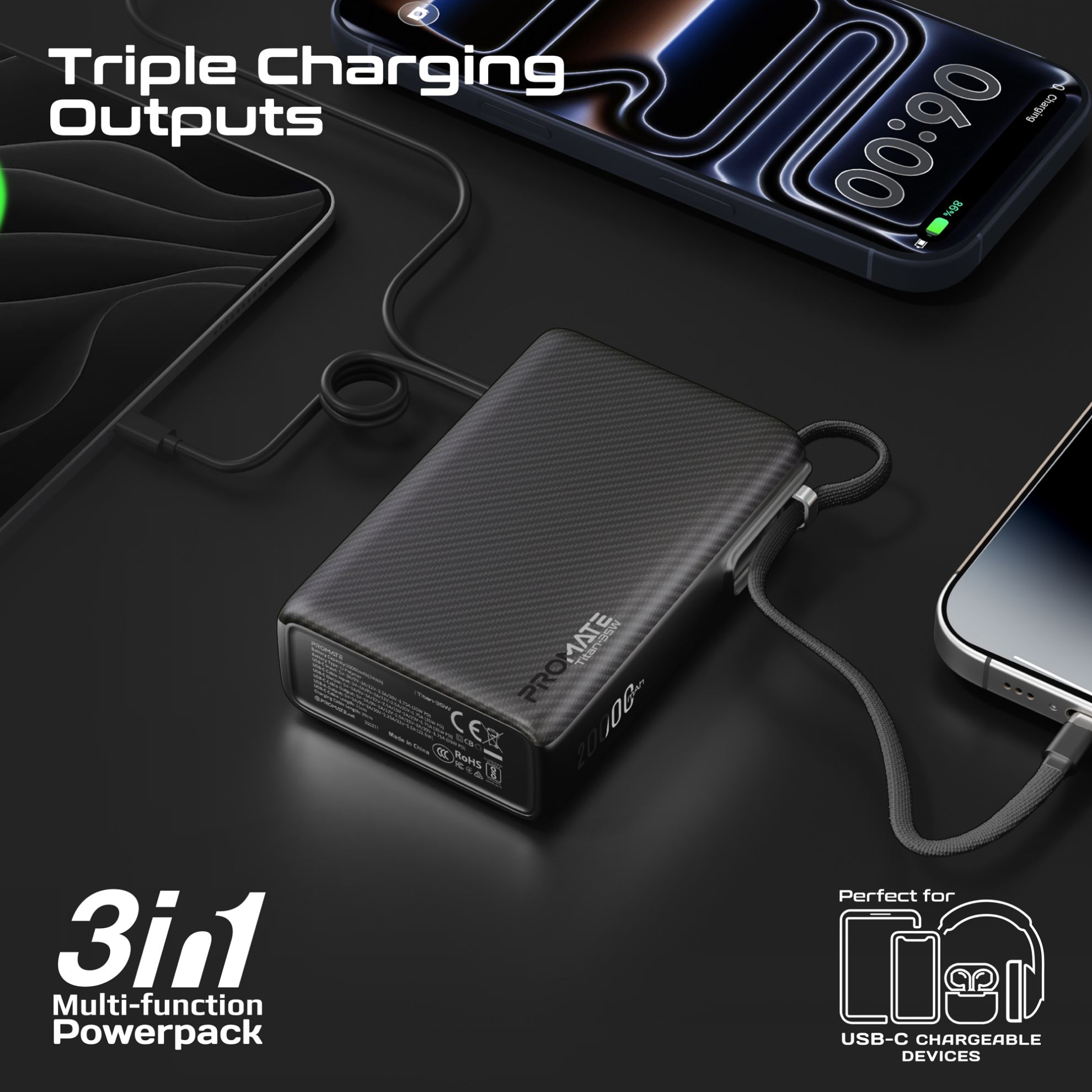 20000mAh Ultra Compact 35W SuperSpeed Power Bank with Built-in USB-C Cable