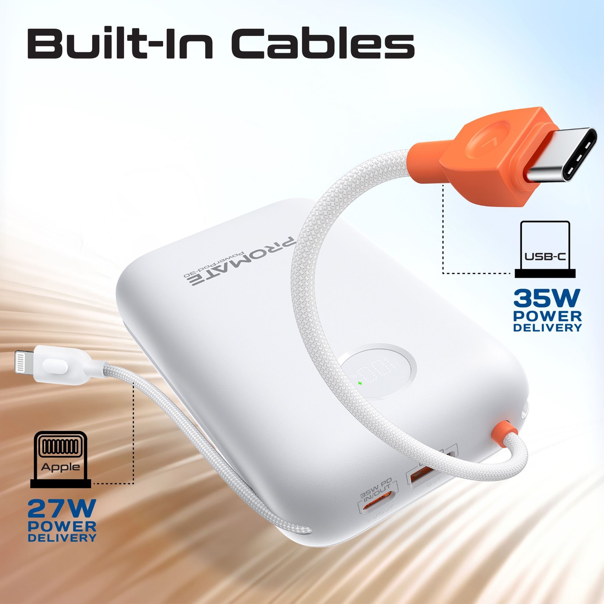 30000mAh Ultra Compact 35W SuperSpeed Power Bank Built-in USB-C & Lightning Cables. 35W