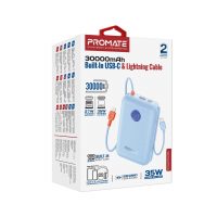 30000mAh Ultra Compact 35W SuperSpeed Pwr Bank w Built-in USB-C & Lightning Cables. 35W